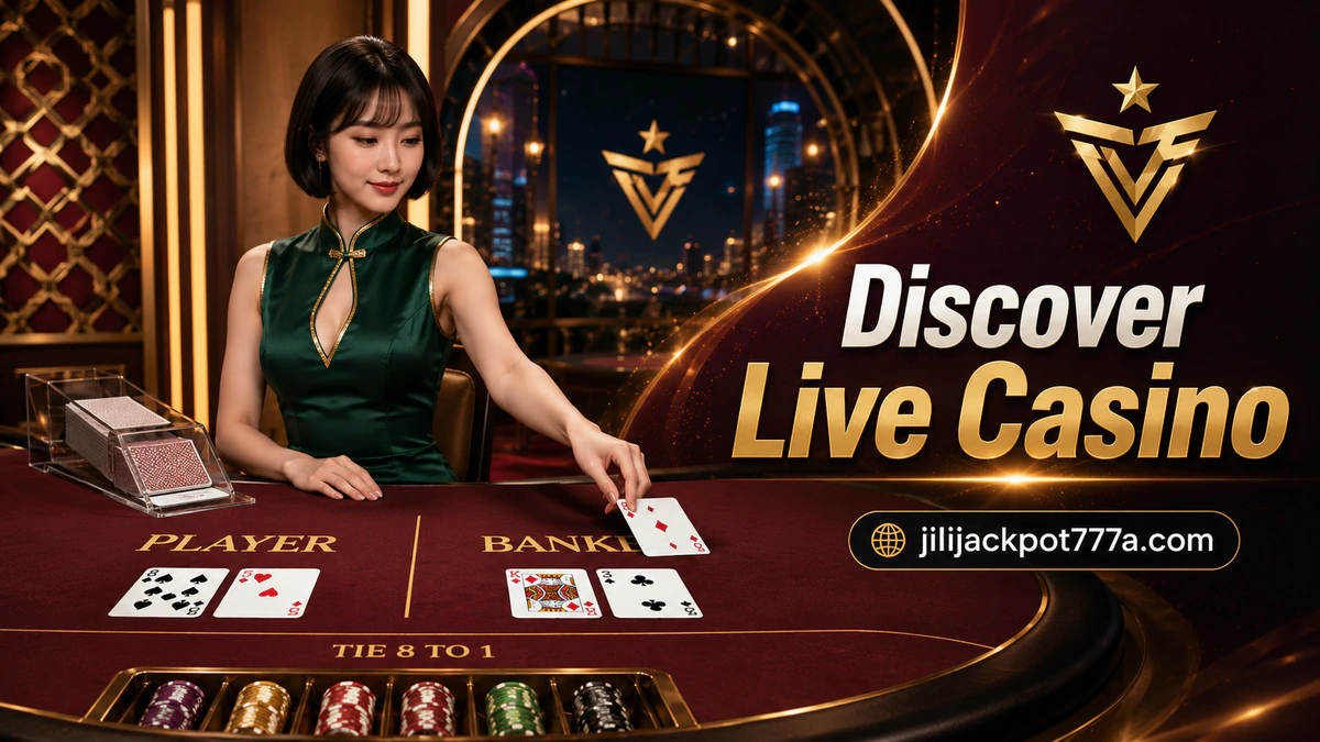 JILI777 online casino live table with green felt, dealer presence and a tense pre-reveal atmosphere